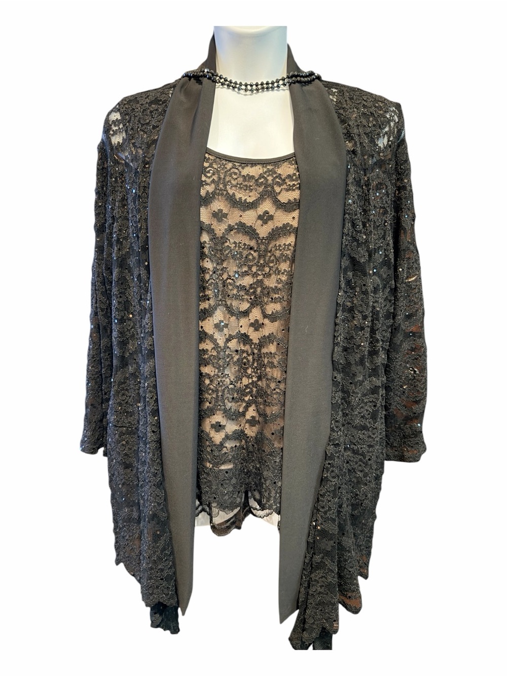 Avenue Black Lace Sequin Open-Front Cardigan 1 piece
